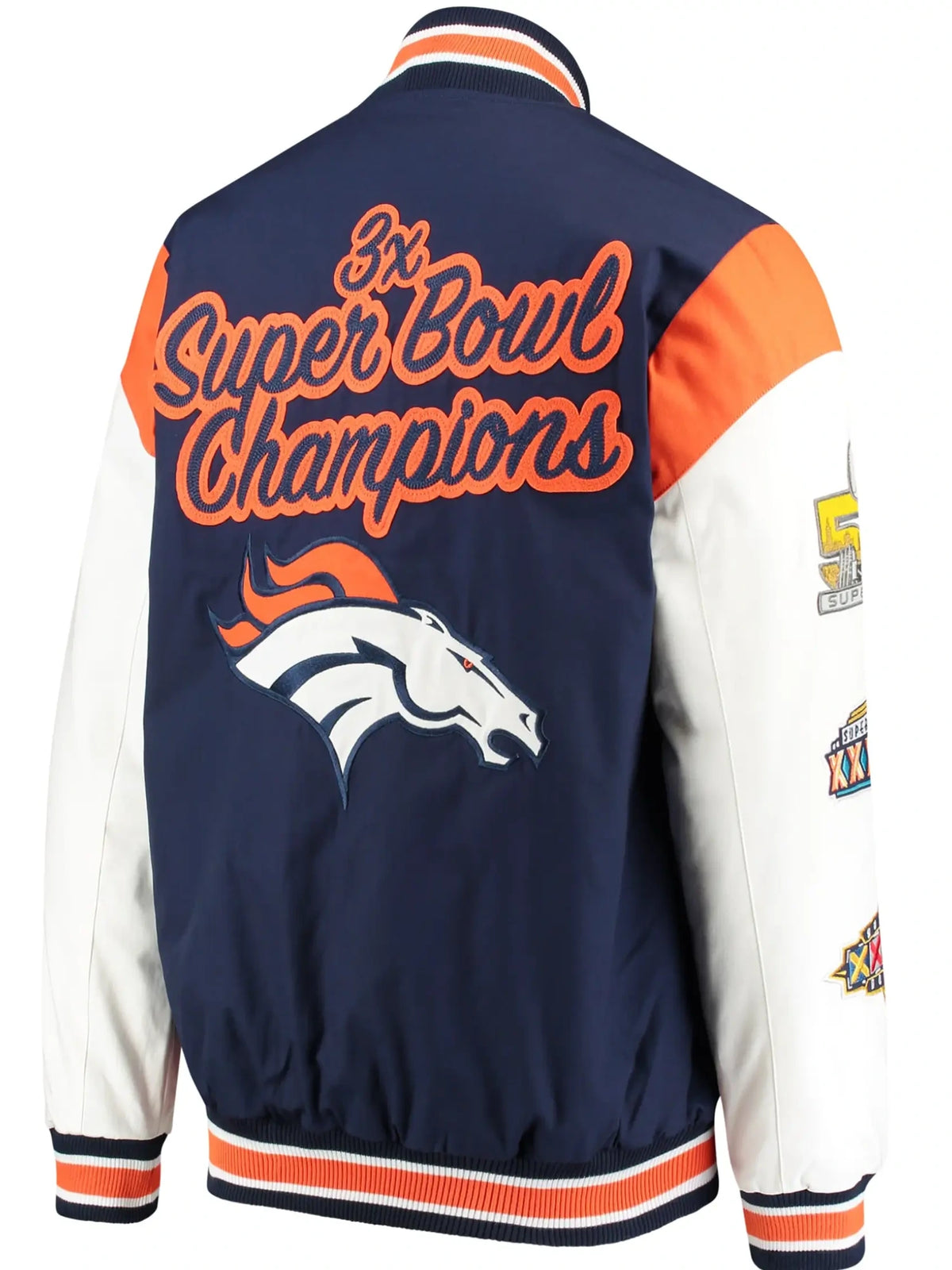 Denver Broncos Navy & White Patches Satin Varsity Jacket