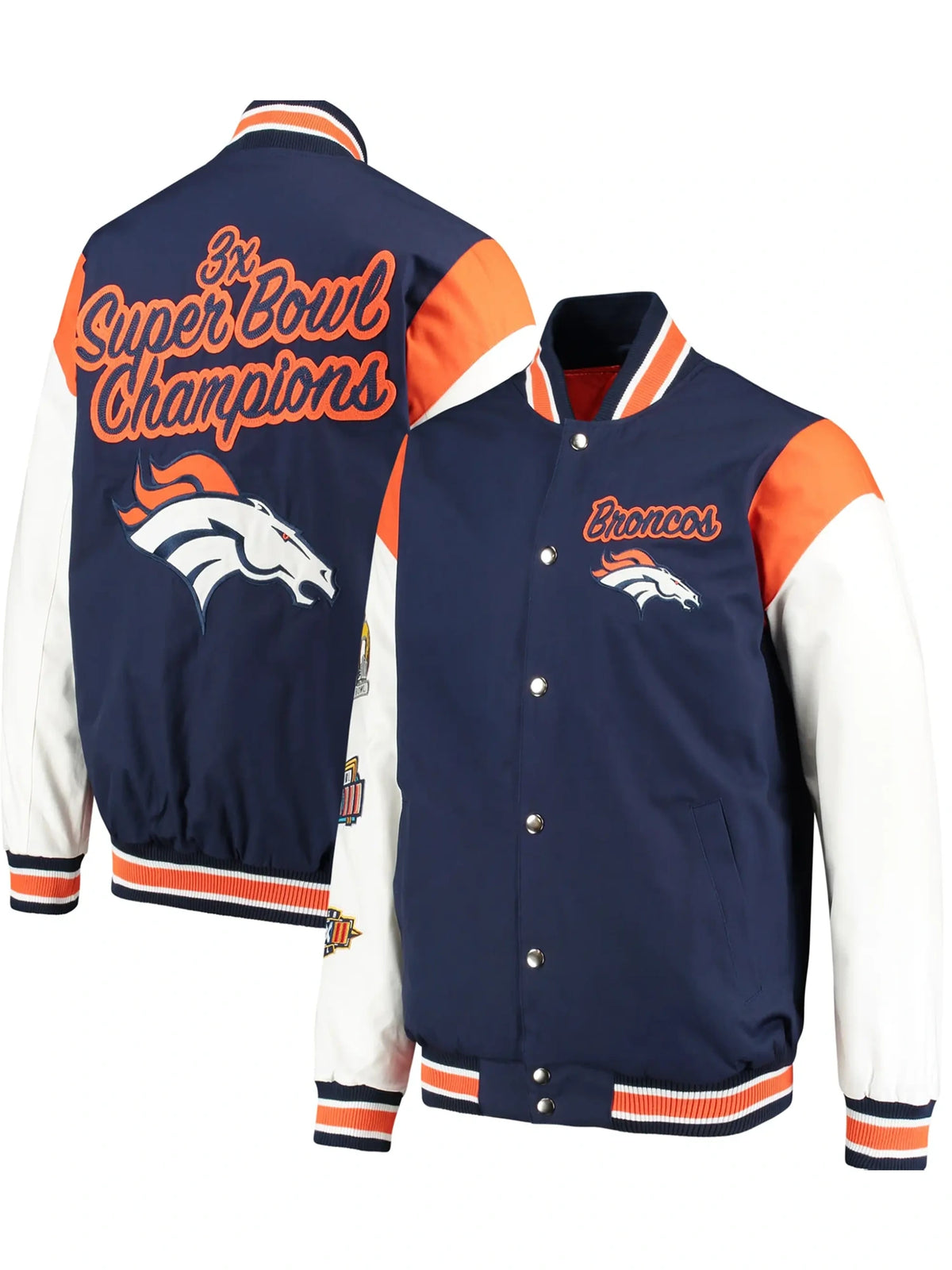 Denver Broncos Navy & White Patches Satin Varsity Jacket