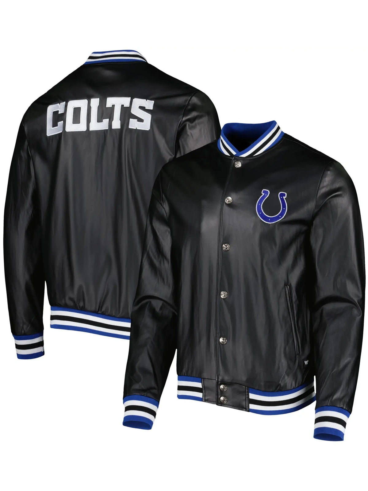 Indianapolis Colts Black Faux Leather Varsity Jacket