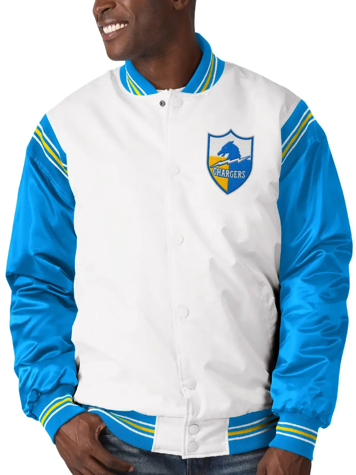 NFL Los Angeles Chargers Renegade Throwback Satin White and Powder Blue Varsity Jacket