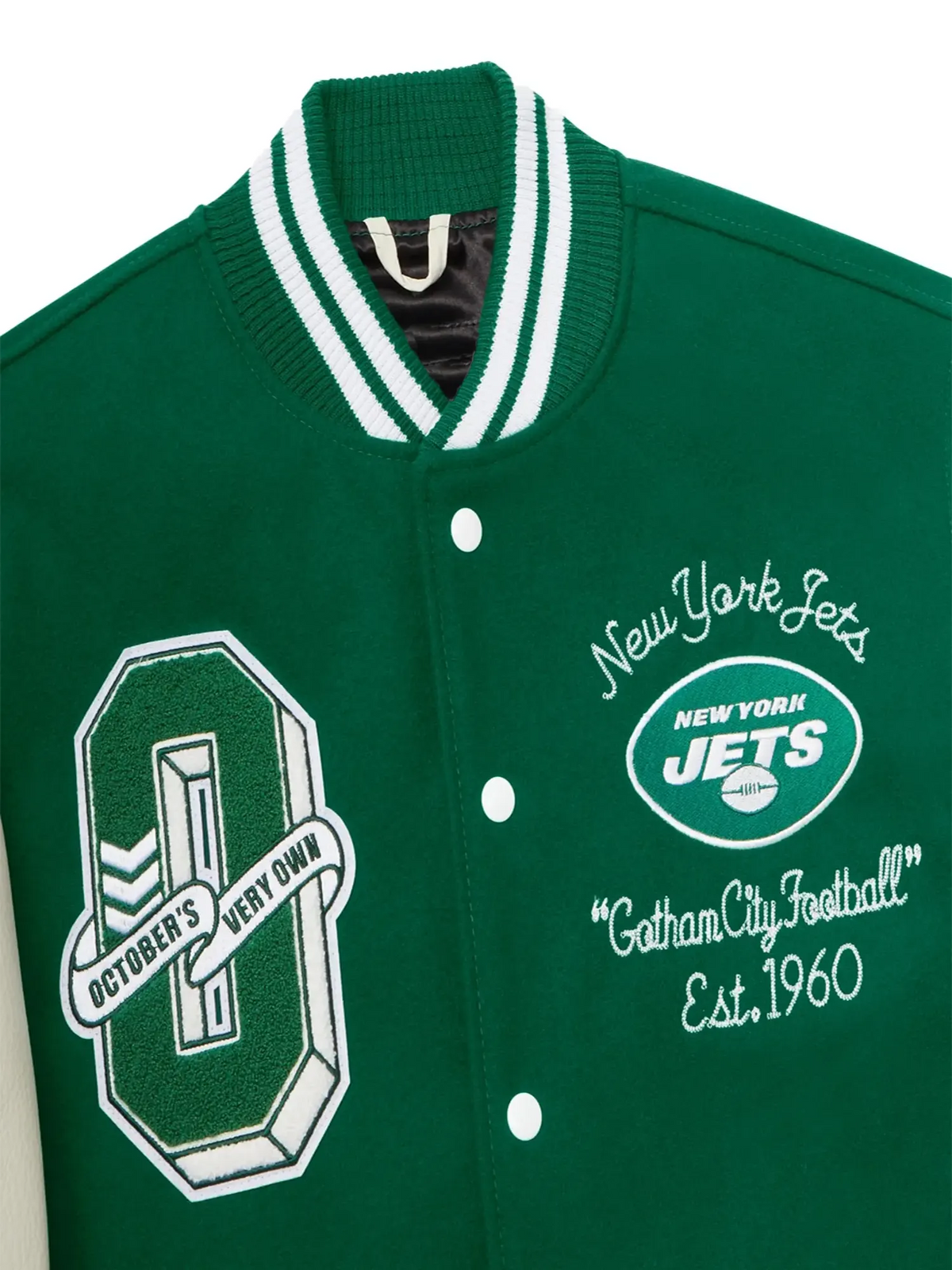 New York Jets OVO x NFL Wool & Leather Full-Snap Varsity Jacket