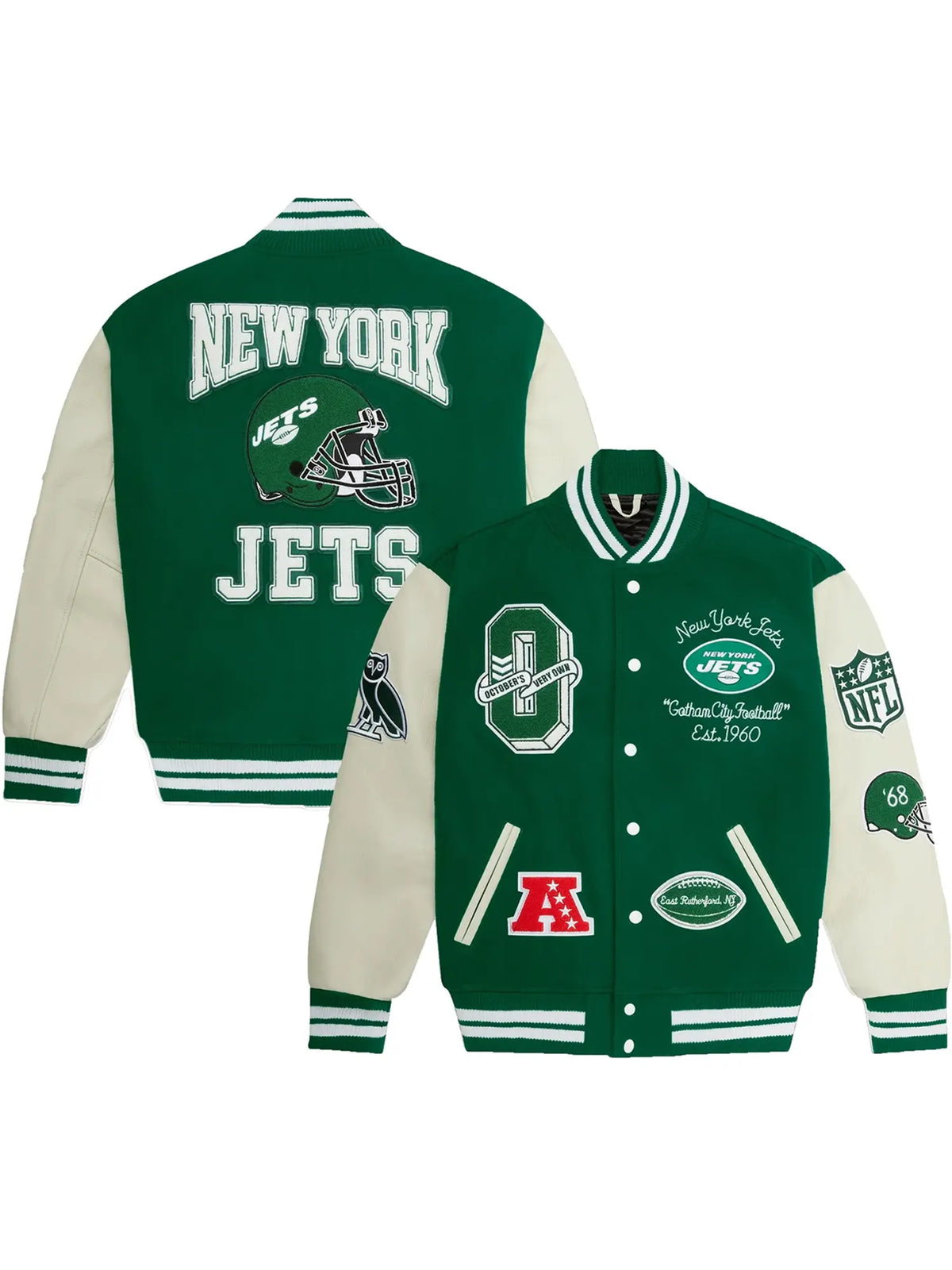 New York Jets OVO x NFL Wool & Leather Full-Snap Varsity Jacket