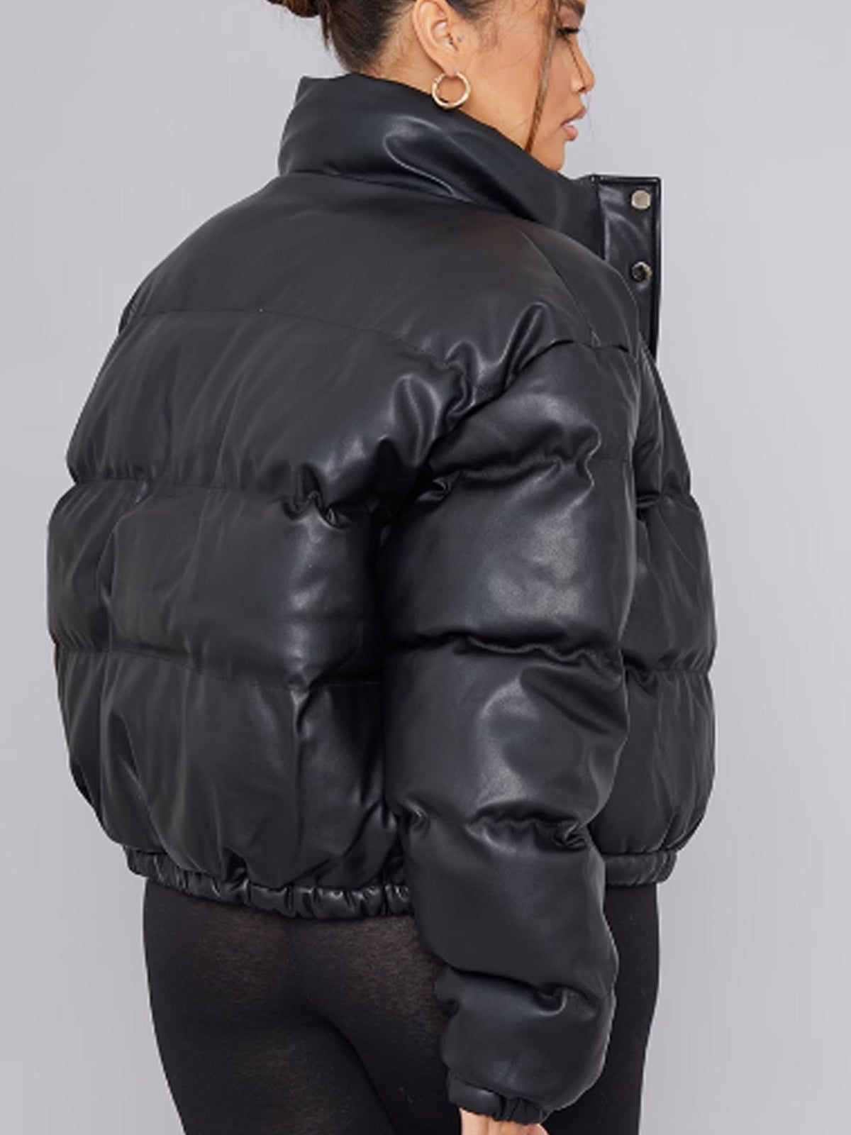 Black Faux Leather Elastic Hem Bubble Puffer - Customizer King