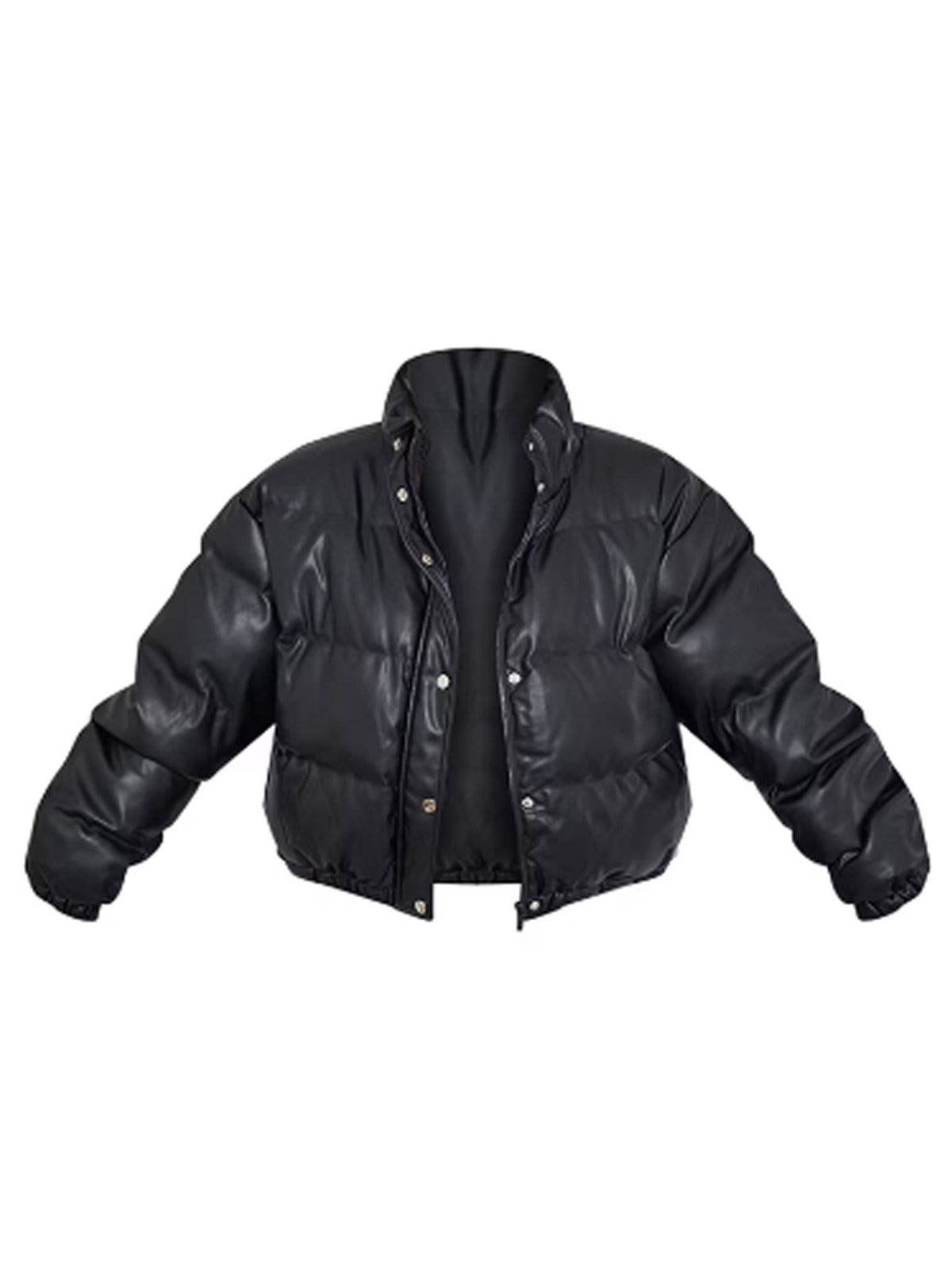 Black Faux Leather Elastic Hem Bubble Puffer - Customizer King