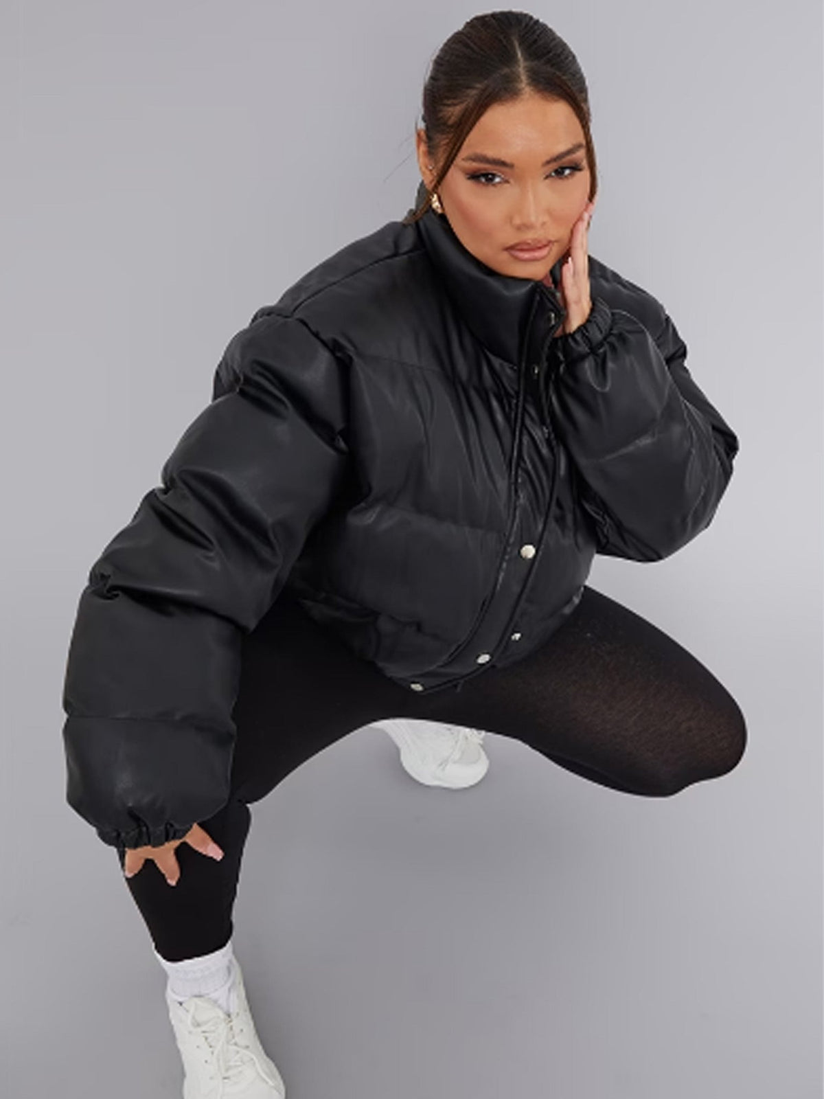 Black Faux Leather Elastic Hem Bubble Puffer - Customizer King