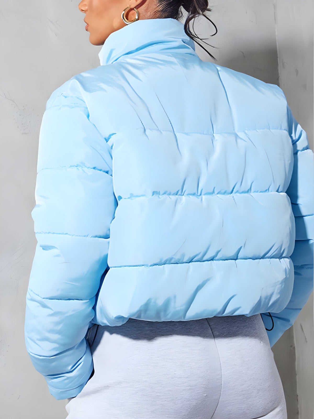 Blue Funnel Neck Cropped Puffer Jacket - Customizer King