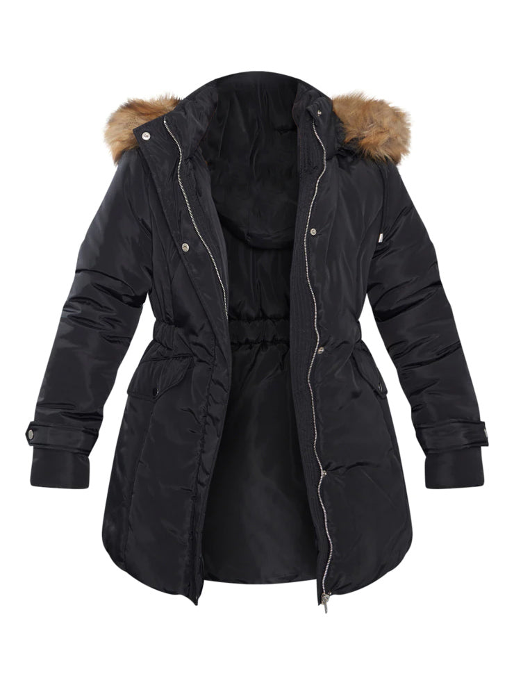 Faux Fur Hooded Elasticated Waist Longline Parka