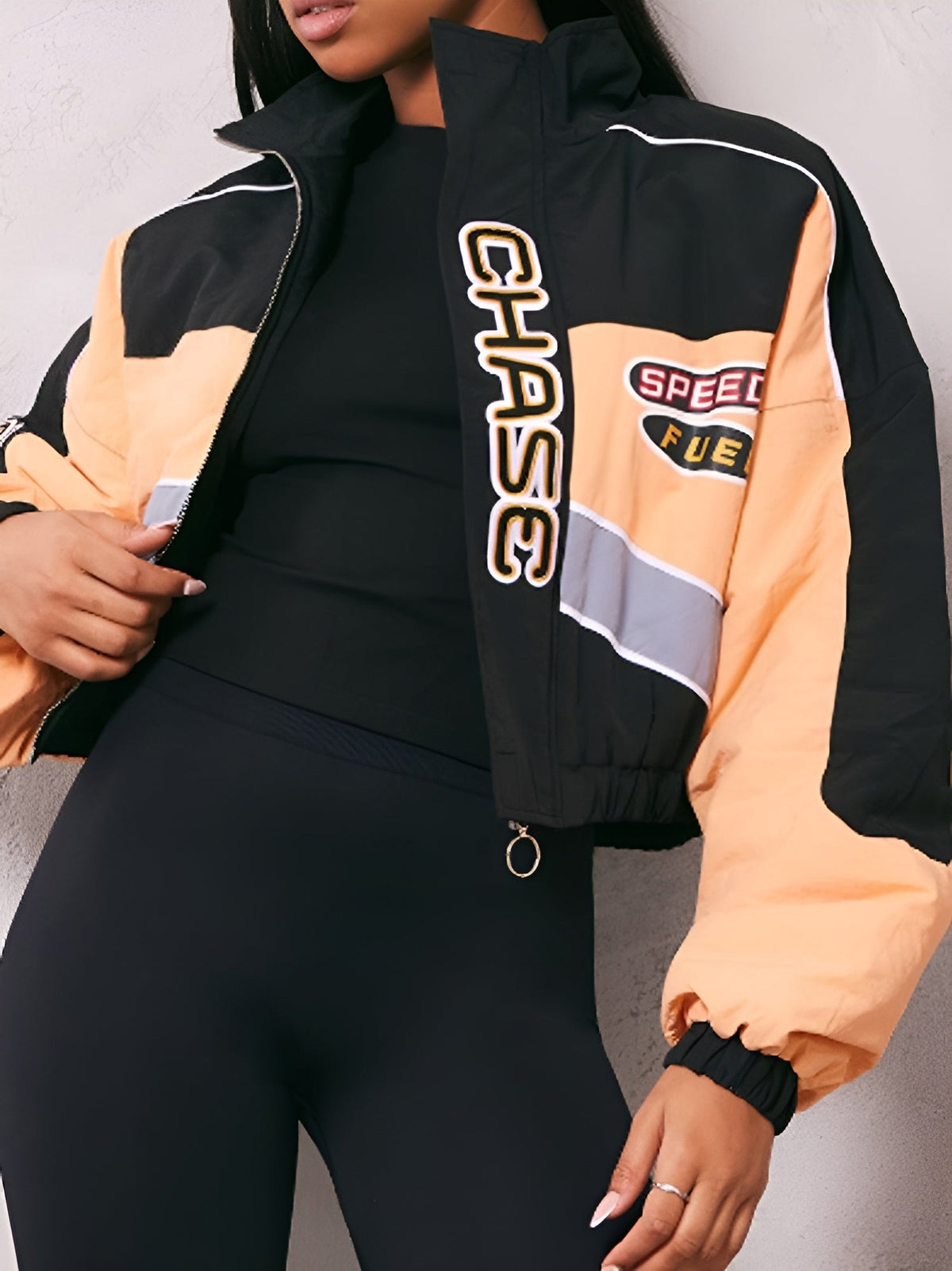 Racer Graphic Embroidered Cropped Bomber Jacket